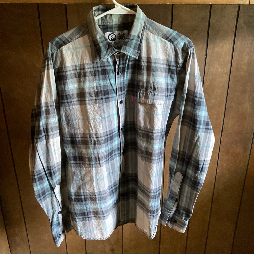 Mishka NYC x Outlier Short Sleeve Button Down Shirt Grey Plaid Mens L